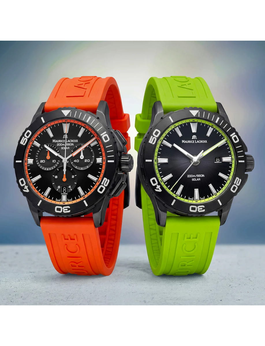 Maurice Lacroix Pontos S Solar wristwatches with stainless steel case with Gun DLC coating, black smoked translucid dial, and rubber FKM strap with Maurice Lacroix debossed.