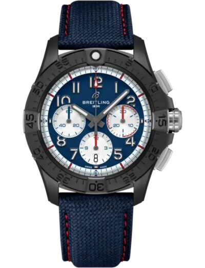 Breitling Avenger B01 Chronograph 42 Night Mission America250 wristwatch with ceramic case, blue dial, and blue calfskin leather.