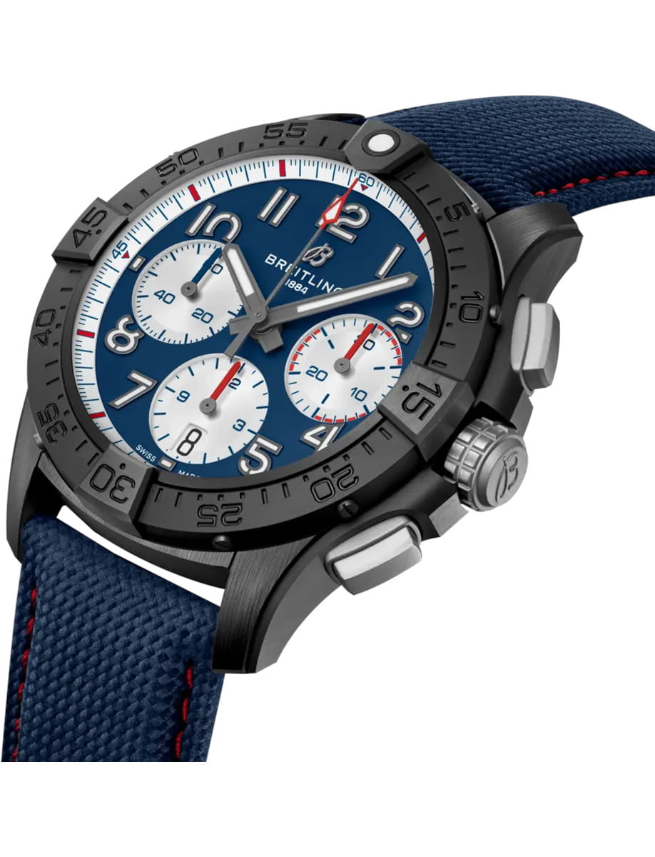 Side view of Breitling Avenger B01 Chronograph 42 Night Mission America250 wristwatch with ceramic case, blue dial, and blue calfskin leather.