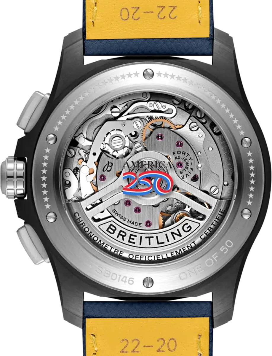 Back view of Breitling Avenger B01 Chronograph 42 Night Mission America250 wristwatch with ceramic case, blue dial, and blue calfskin leather.