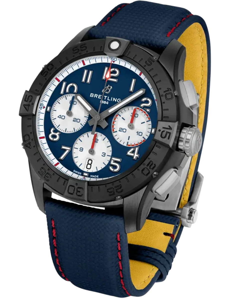 Side view of Breitling Avenger B01 Chronograph 42 Night Mission America250 wristwatch with ceramic case, blue dial, and blue calfskin leather.
