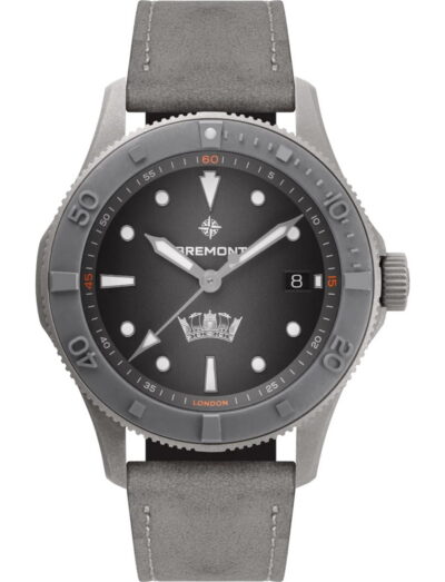 Bremont HMAF Supermarine wristwatch with Uni-body Case made from Stainless steel 904L, finshed in ultra matt treatment, Grey Gradient dial with applied indexes infilled with white Super-LumiNova, and Grey Leather strap.