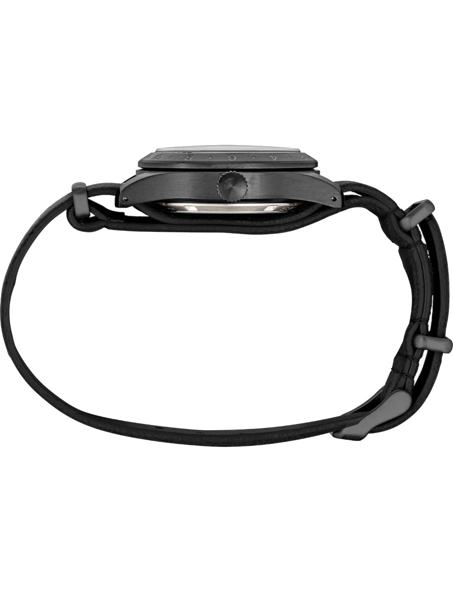 Side view of Seiko wristwatch with stainless steel case, black dial, and black cow leather strap.