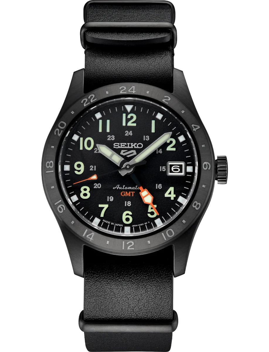 Front view of Seiko wristwatch with stainless steel case, black dial, and black cow leather strap.