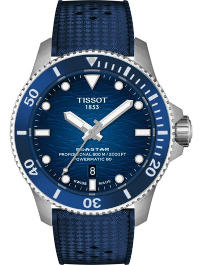 Tissot Seastar 2000 wristwatch with 316L stainless steel case, blue gradient dial, and blue rubber strap. | Feldmar Watch Co. Tissot Seastar 2000 wristwatch with 316L stainless steel case, blue gradient dial, and blue rubber strap.