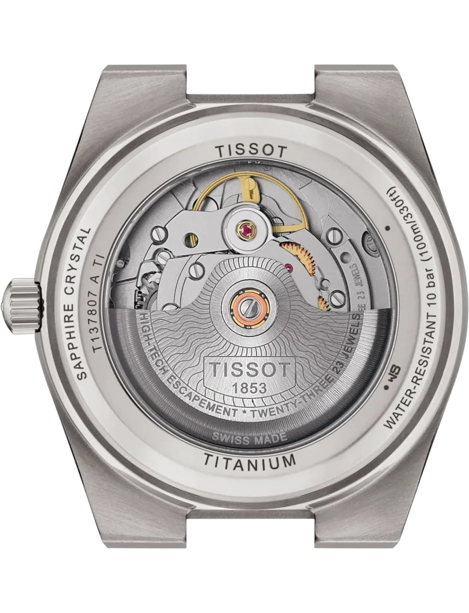 Back view of Tissot wristwatch with titanium case and bracelet