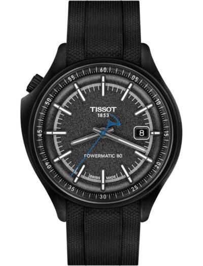 Tissot Pinarello wristwatch with 316L stainless steel & carbon case, grey dial, and black rubber strap.