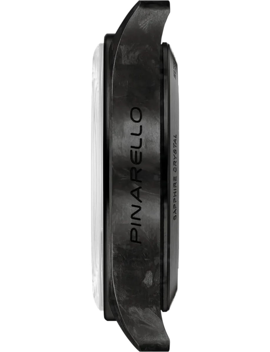 Side view of Tissot Pinarello wristwatch with 316L stainless steel & carbon case, grey dial, and black rubber strap.
