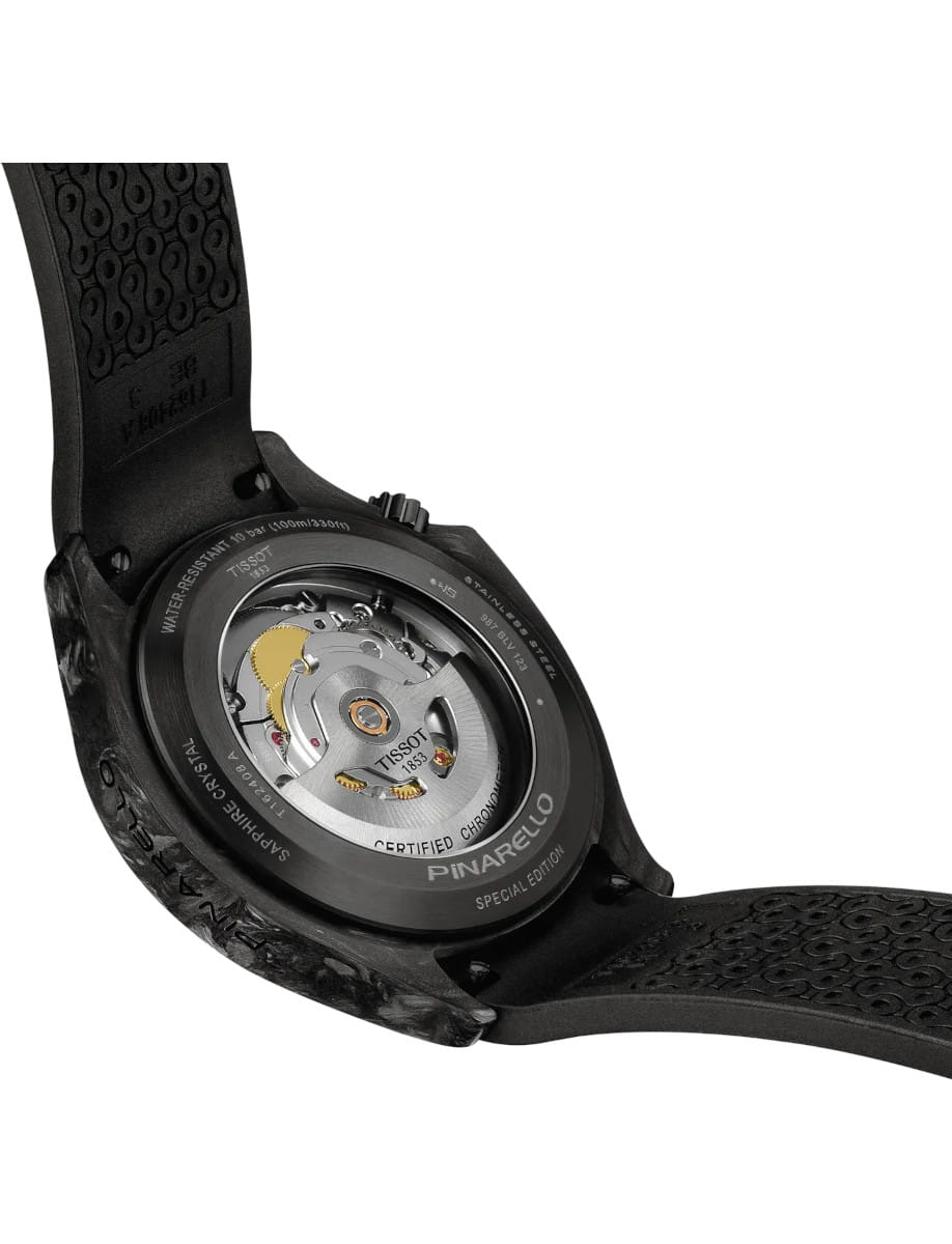 Back view of Tissot Pinarello wristwatch with 316L stainless steel & carbon case, grey dial, and black rubber strap.