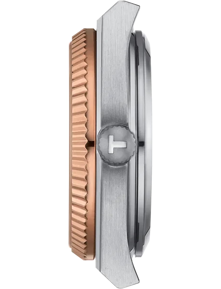 Side view of Tissot wristwatch with stainless steel case and 18k gold bezel