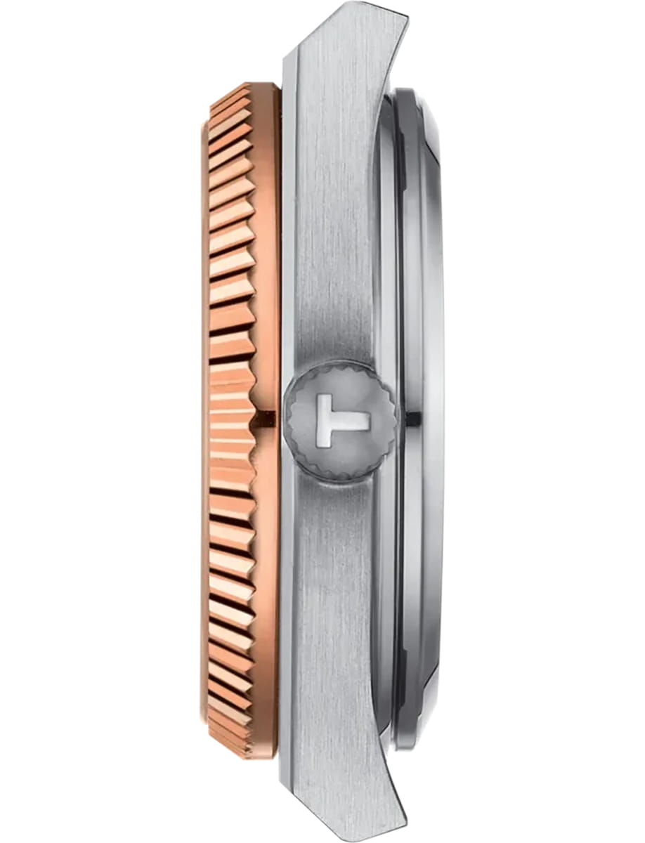 Side view of Tissot wristwatch with stainless steel case and gold bezel