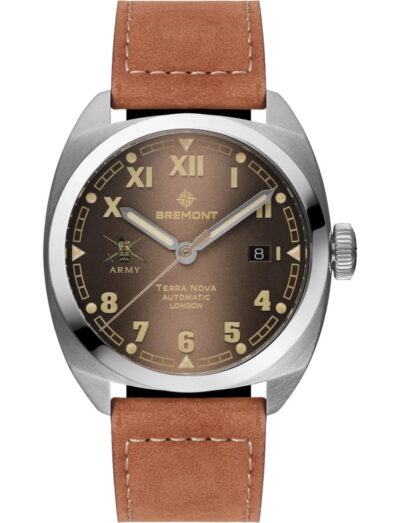 Bremont HMAF Terra Nova wristwatch with stainless steel case, gradient caramel California dial, and light brown Nubuck leather strap.