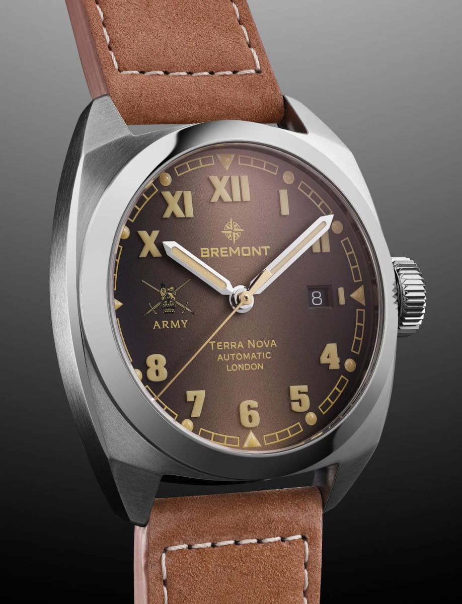 Side view of Bremont HMAF Terra Nova wristwatch with stainless steel case, gradient caramel California dial, and light brown Nubuck leather strap.