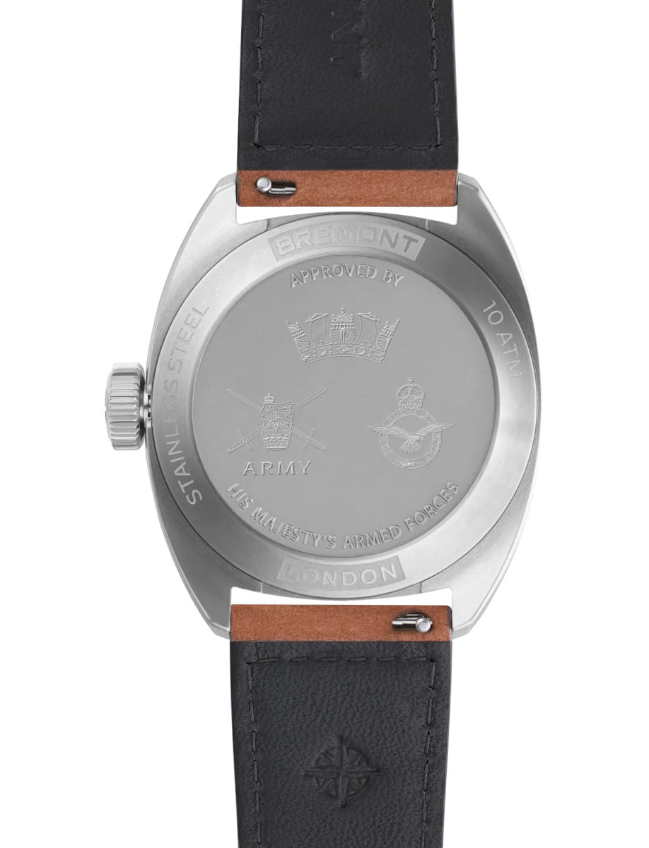 Back view of Bremont HMAF Terra Nova wristwatch with stainless steel case, gradient caramel California dial, and light brown Nubuck leather strap.