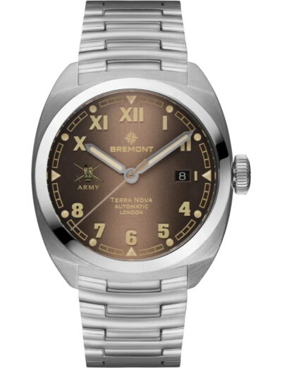 Bremont HMAF Terra Nova wristwatch with stainless steel case and bracelet, and gradient caramel California dial.