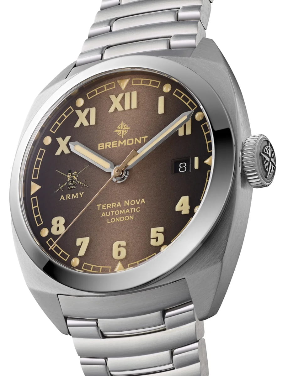 Side view of Bremont HMAF Terra Nova wristwatch with stainless steel case and bracelet, and gradient caramel California dial.