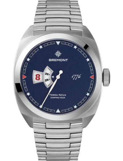 Bremont Terra Nova 40.5mm Jumping Hour 1776 wristwatch with stainless steel case and bracelet, and blue textured dial.
