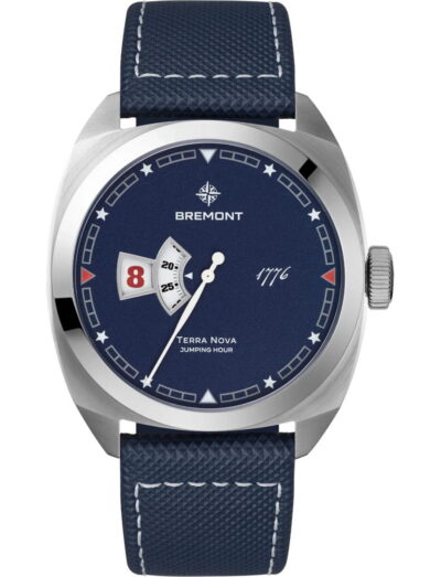 Bremont Terra Nova 40.5mm Jumping Hour 1776 wristwatch with stainless steel case, blue textured dial, and blue embossed leather strap.