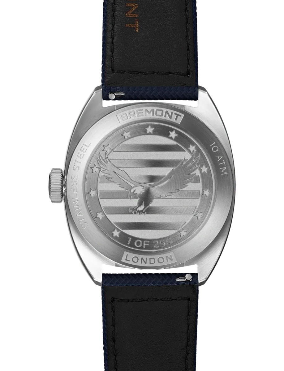 Back view of Bremont Terra Nova 40.5mm Jumping Hour 1776 wristwatch with stainless steel case, blue textured dial, and blue embossed leather strap.