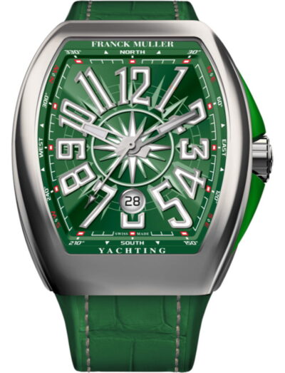 Franck Muller Vanguard Yachting wristwatch with stainless steel case, green dial, and hand sewn alligator strap. | Feldmar Watch Co. Franck Muller Vanguard Yachting wristwatch with stainless steel case, green dial, and hand sewn alligator strap.