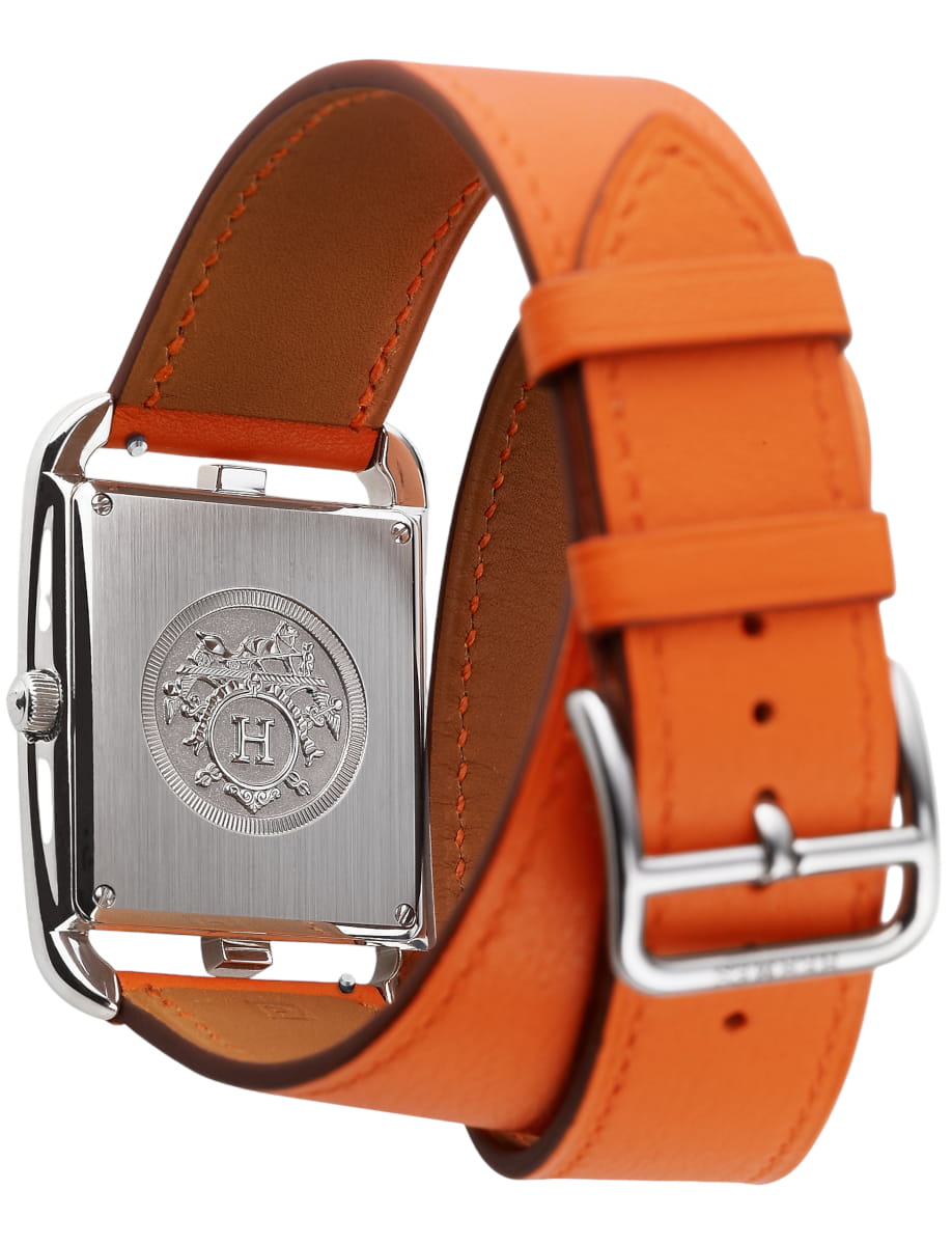 Back view of Hermes wristwatch with stainless steel case, silver dial and calfskin leather strap
