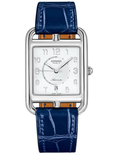 Hermes wristwatch with stainless steel case, white dial and alligator leather strap
