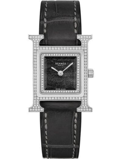 Hermes wristwatch with stainless steel case, obsidian dial and alligator leather strap