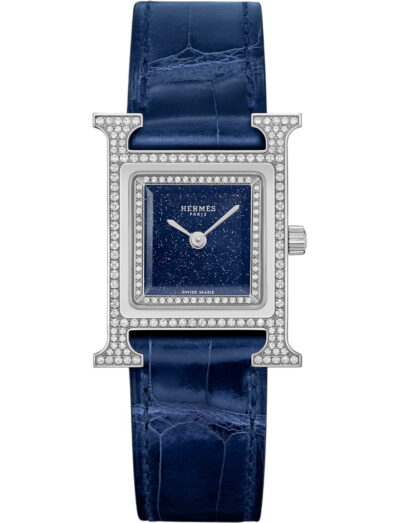 Hermes wristwatch with stainless steel case, aventurine dial and blue alligator leather strap