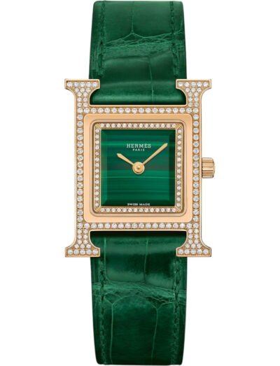 Hermes wristwatch with rose gold case, diamond-set malachite dial and alligator leather strap