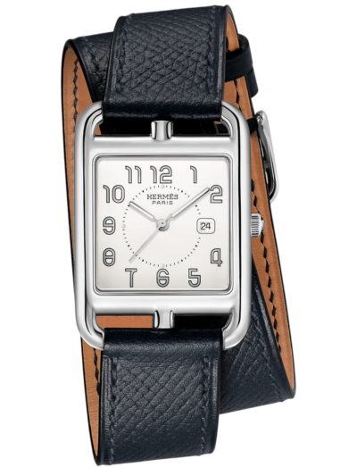Hermes wristwatch with stainless steel case, silver dial and calfskin leather strap