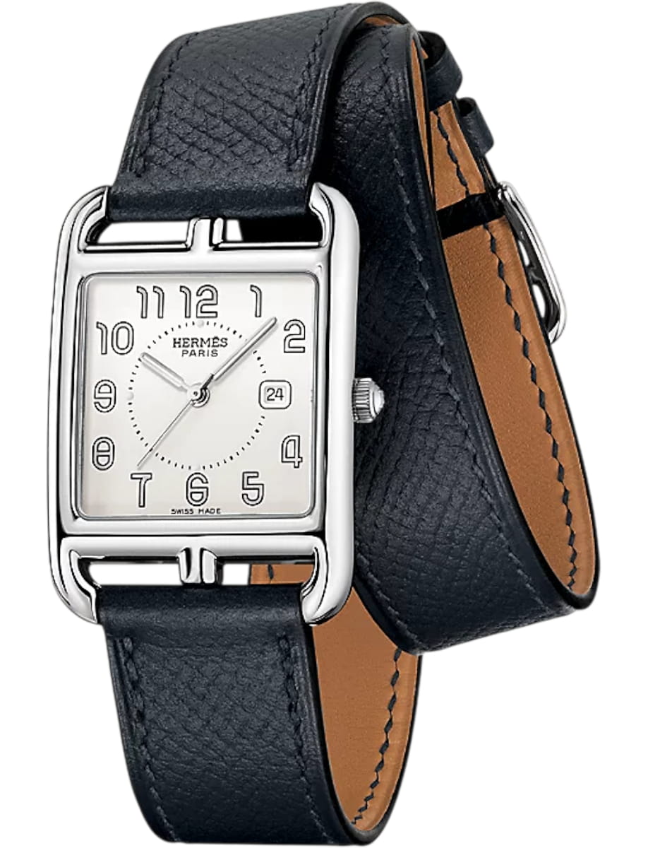Side view of Hermes wristwatch with stainless steel case, silver dial and calfskin leather strap