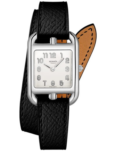 Hermes wristwatch with stainless steel case, silver dial and calfskin leather strap