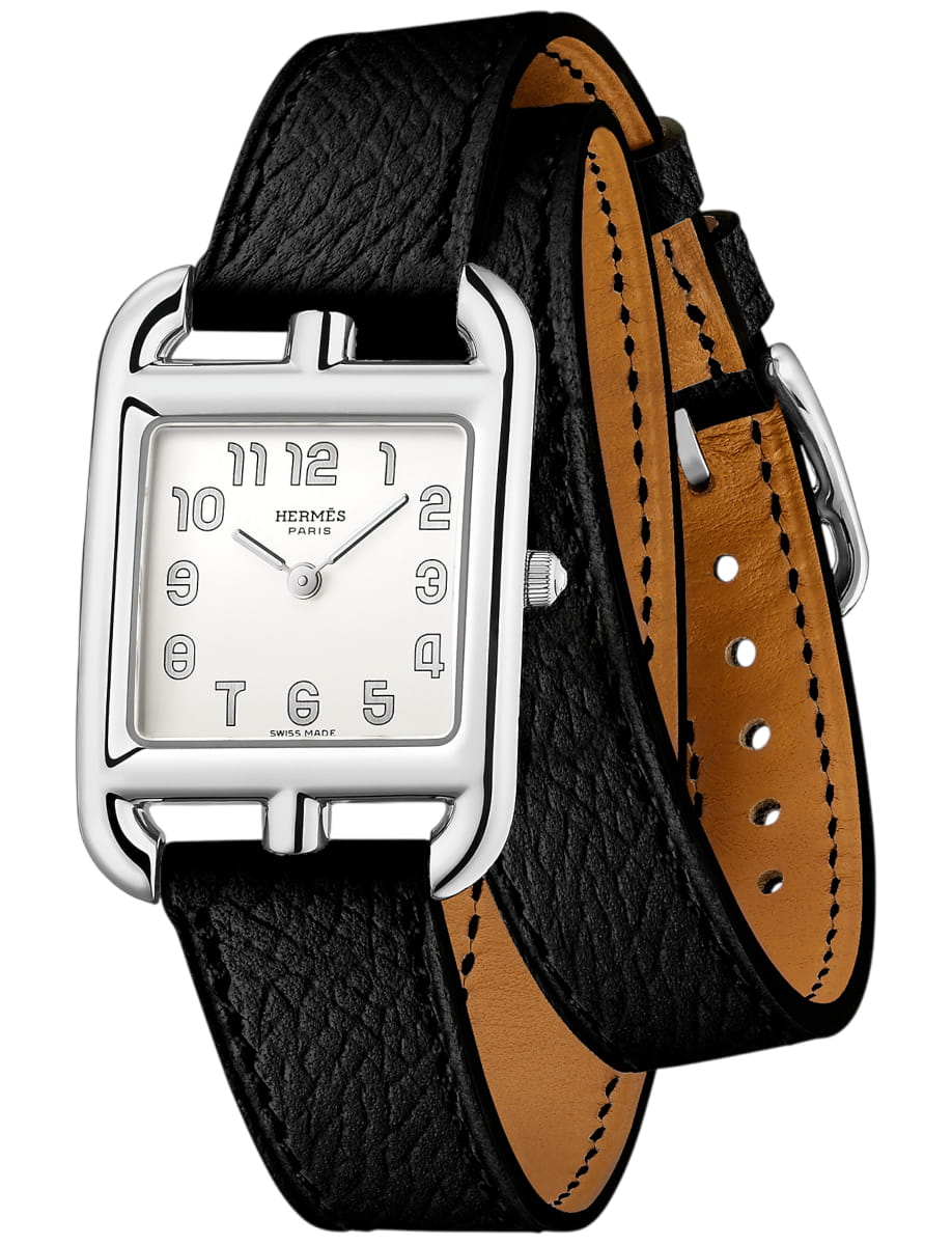 Side view of Hermes wristwatch with stainless steel case, silver dial and calfskin leather strap