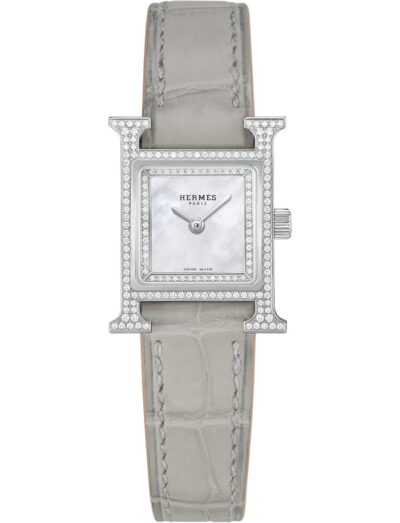 Hermes wristwatch with stainless steel case, white mother of pearl dial and alligator leather strap