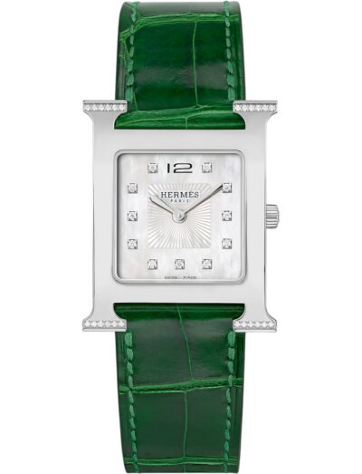 Hermes wristwatch with stainless steel case, white mother of pearl dial and alligator leather strap