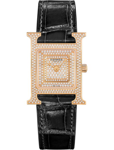 Hermes wristwatch with rose gold case, diamond set dial and alligator leather strap