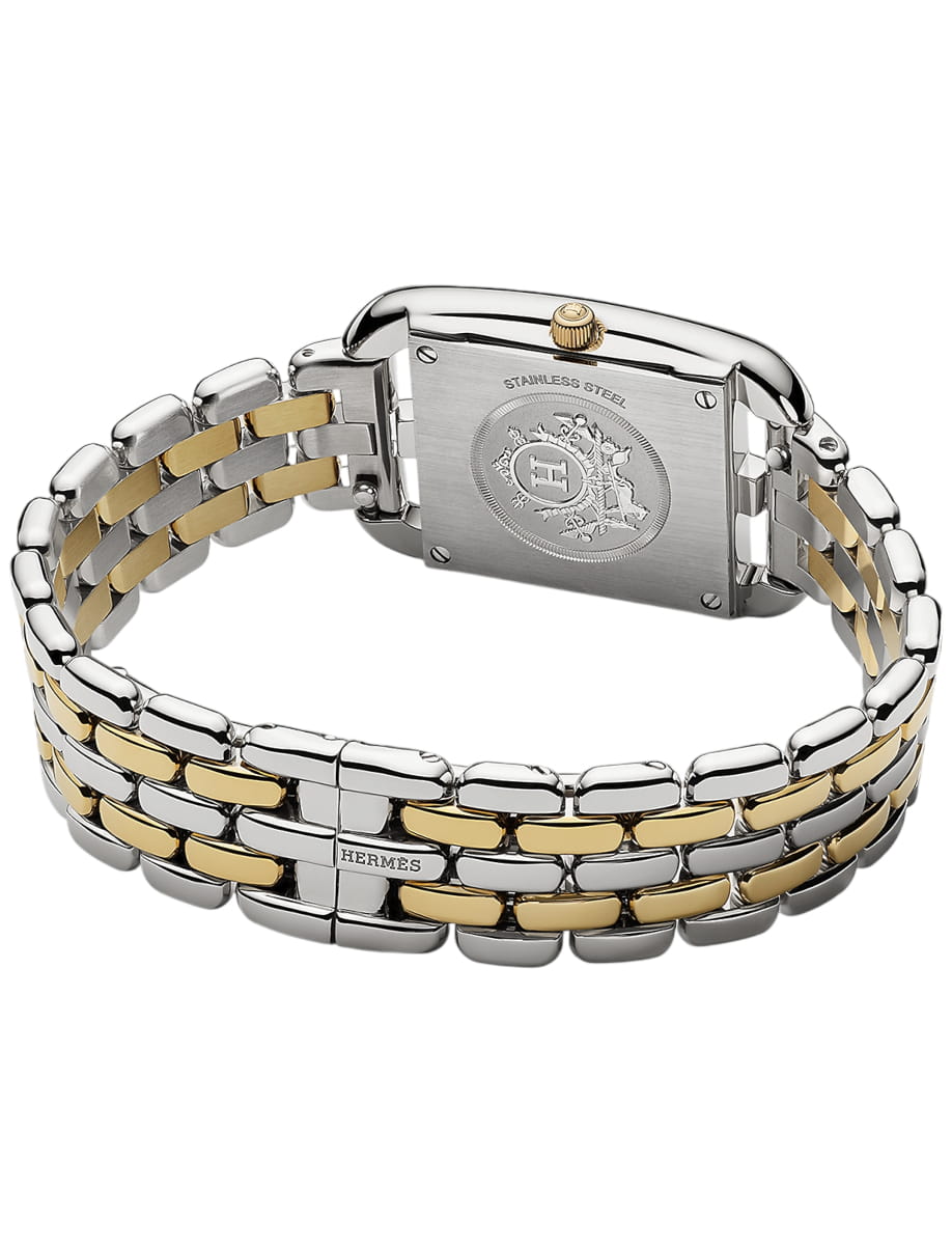 Back view of Hermes wristwatch with stainless steel case and bracelet and silver dial