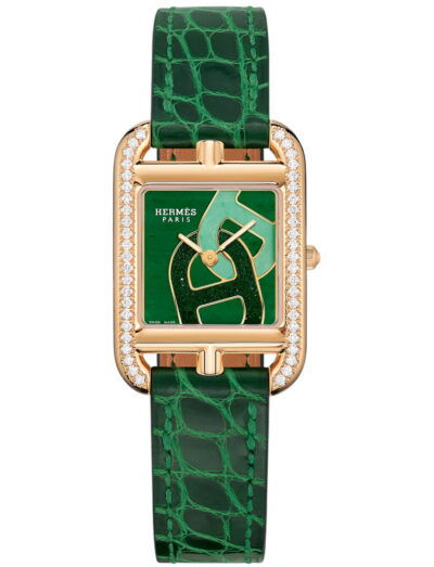 Hermes wristwatch with rose gold case, green dial and green alligator leather