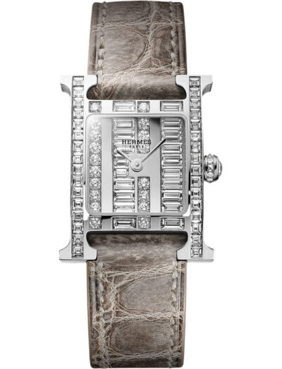 Hermes wristwatch with white gold case, diamond set white gold dial and Himalaya crocodile leather strap