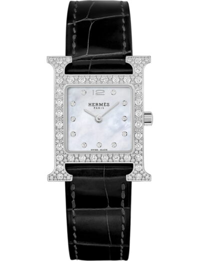 Hermes wristwatch with stainless steel case, white mother of pearl dial and alligator leather strap