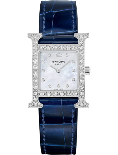 Hermes wristwatch with stainless steel case, white mother of pearl dial and blue alligator leather