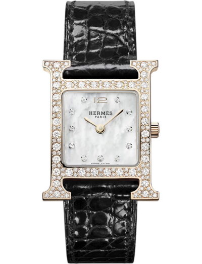 Hermes wristwatch with rose gold case, white mother of pearl dial and alligator leather strap