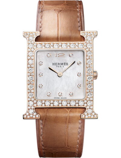 Hermes wristwatch with rose gold case, white mother of pearl dial and alligator leather strap