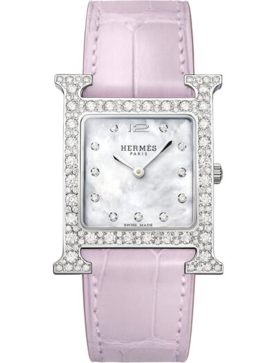 Hermes wristwatch with stainless steel case, white mother of pearl dial and alligator leather strap