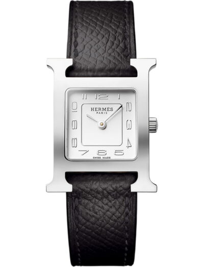 Hermes wristwatch with stainless steel case, opaline silvered dial and calfskin leather strap