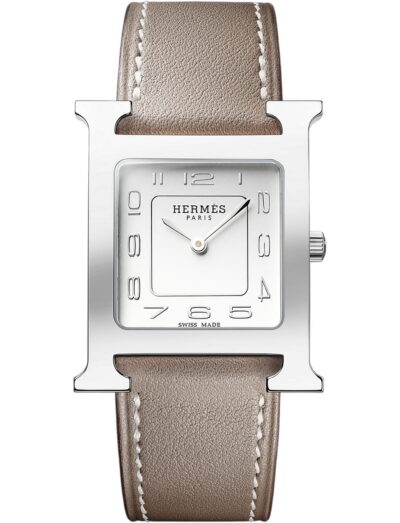 Hermes wristwatch with stainless steel case, silver dial and calfskin leather strap