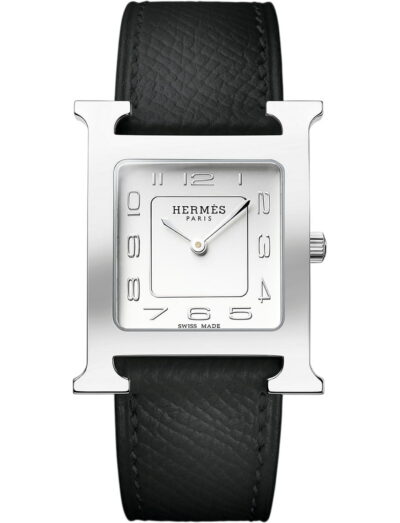 Hermes wristwatch with stainless steel case, opaline silvered dial and calfskin leather strap