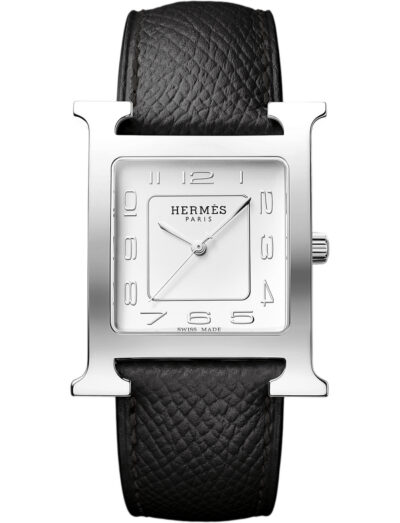 Hermes wristwatch with stainless steel case, opaline silvered dial and calfskin leather strap