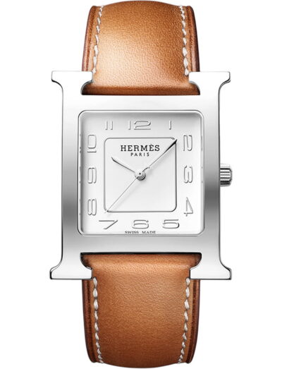 Hermes wristwatch with stainless steel case, silvered dial and calfskin leather strap