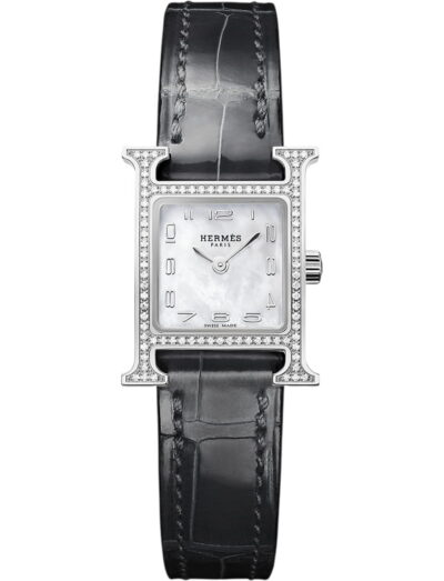 Hermes wristwatch with stainless steel case, white mother of pearl and alligator leather